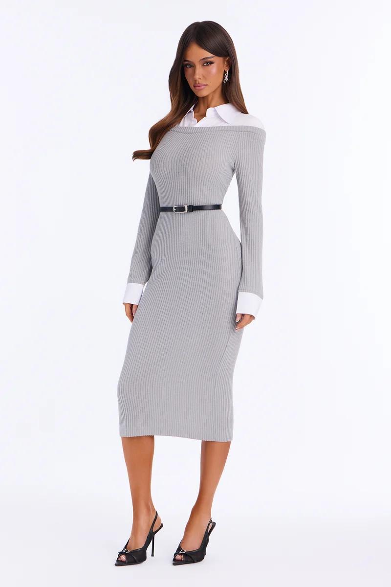 Chic grey ribbed midi sweater dress featuring a white collar layer and slim black belt, highlighting stylish workwear fashion.