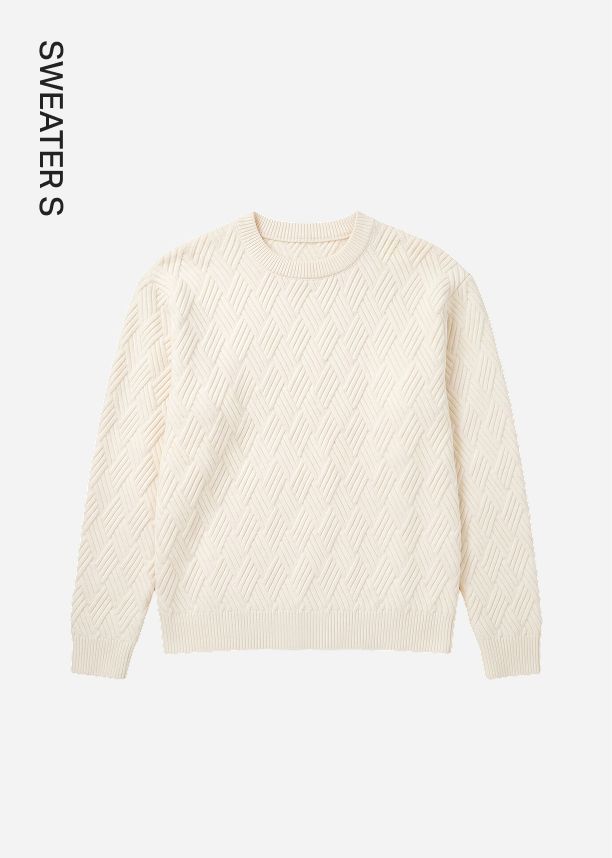 Off-white textured crewneck knit sweater with a geometric pattern, showcased for a seasonal winter and fall fashion apparel collection.