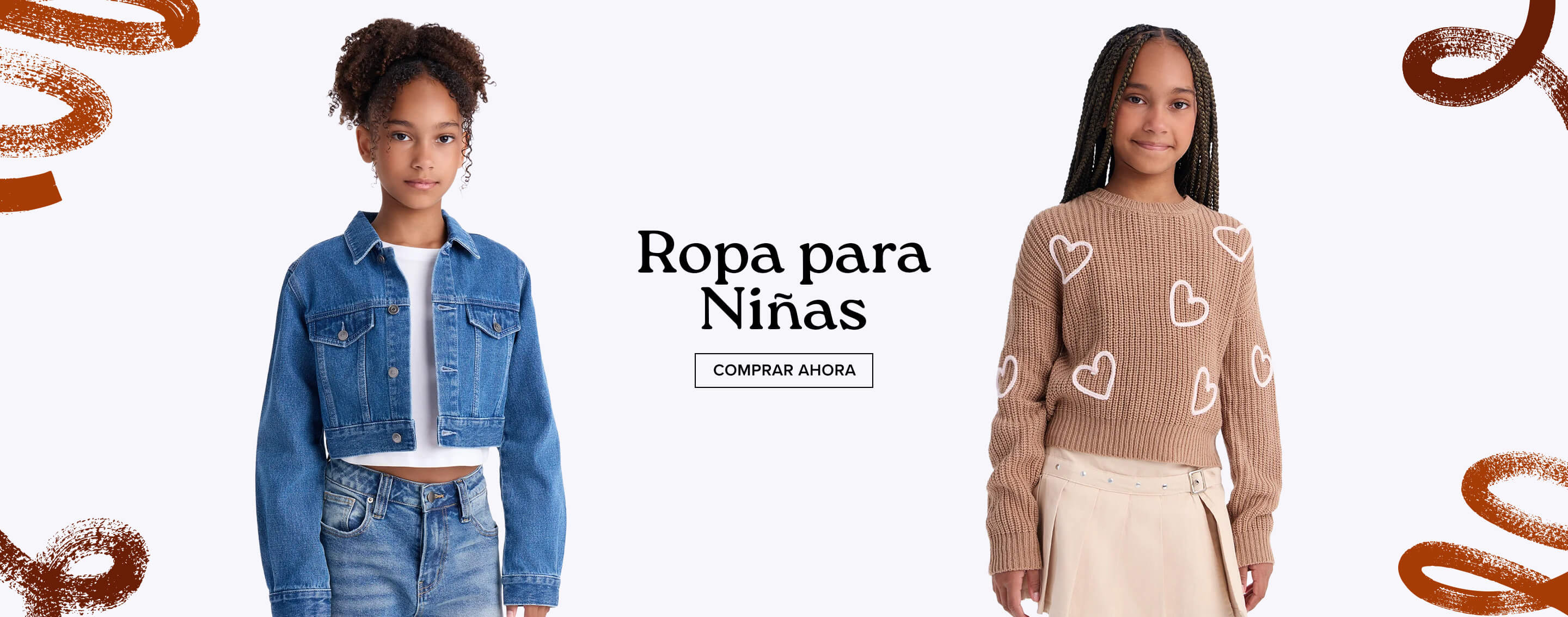 Niña con suéter de punto café con corazones y falda beige. Banner promocional de "Girls Clothing Shop Now" para comprar ropa de niña.
