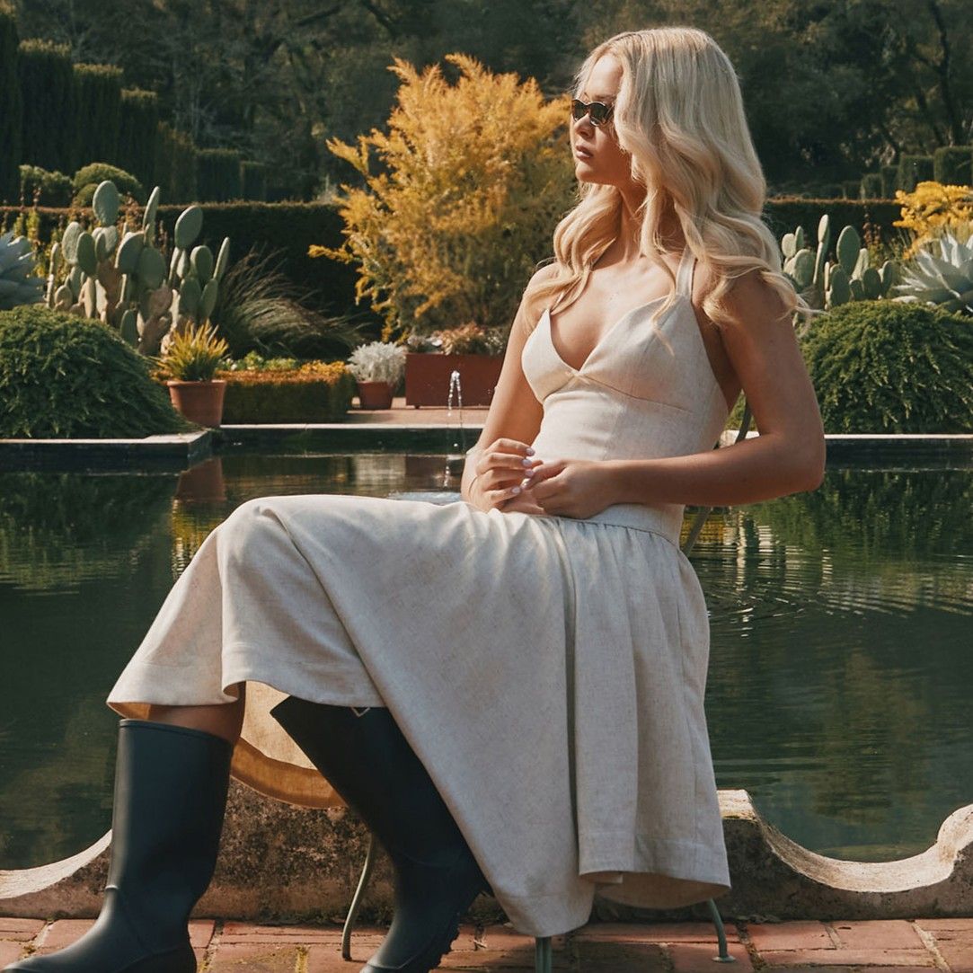 Model wearing breathable linen resortwear collection
