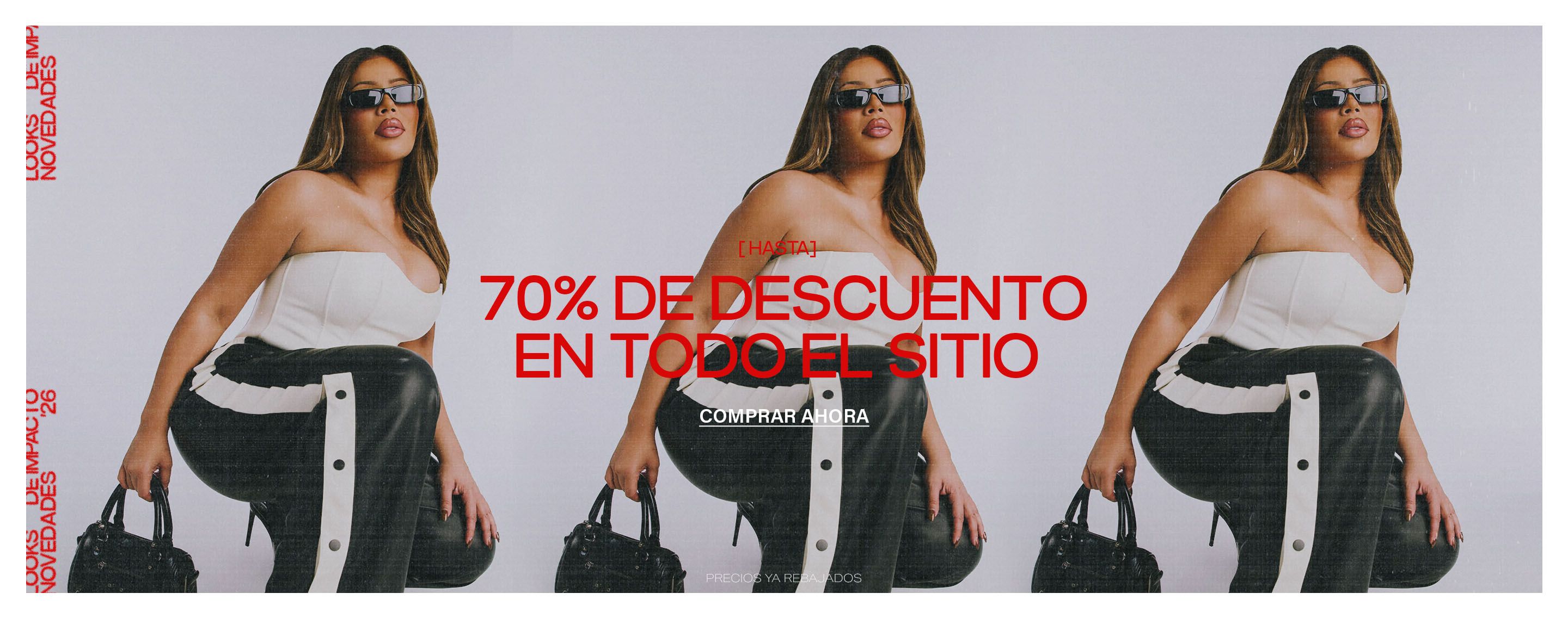 Mujer con top corsé blanco, pantalones negros con botones, gafas y bolso. Promociona 70% descuento moda en novedades.