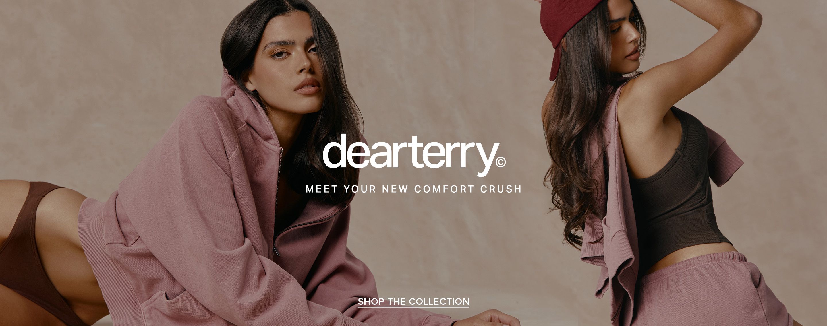 Model wears a mauve Dearterry zip-up hoodie, promoting the cozy new loungewear collection with text, Meet your new comfort crush.