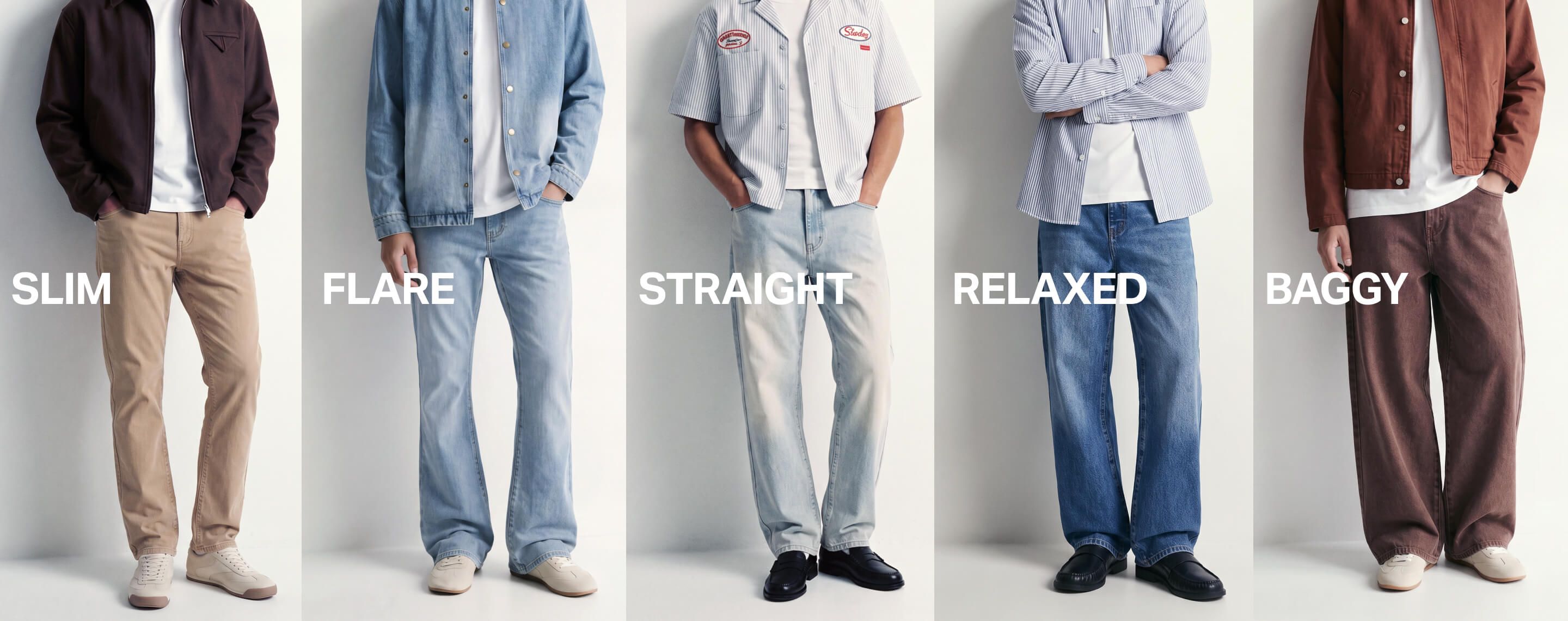 Guide to men's jeans fits showing slim beige, light blue flare, straight wash, relaxed blue, and baggy brown denim styles in side-by-side panels.