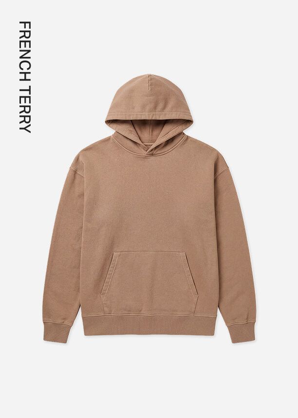 Light brown French Terry hoodie sweatshirt with front kangaroo pocket.