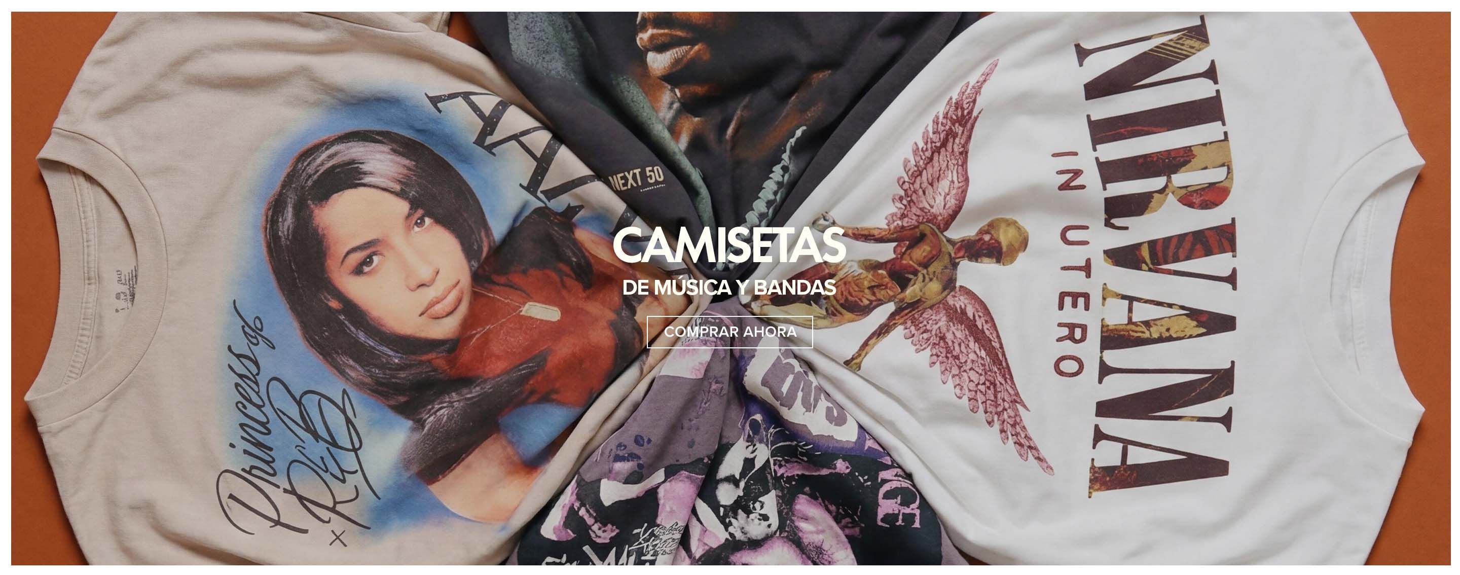 Camisetas gráficas en tonos neutros mostrando a DMX, Aaliyah, Nirvana, XXXTentacion. Explora ropa de música y bandas.