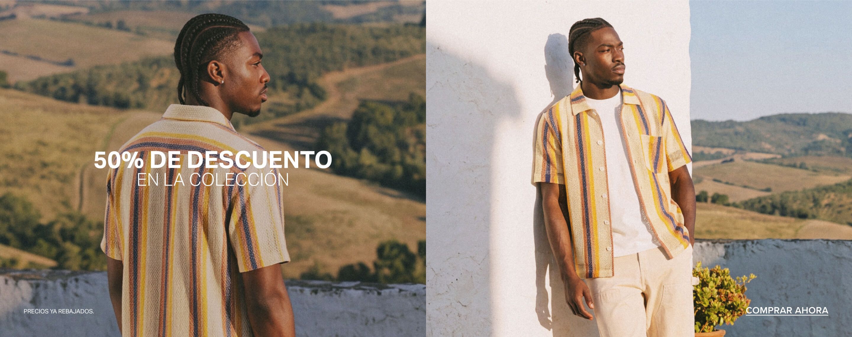 Hombre con camisa de punto a rayas y pantalón claro, mostrando colección casual masculina con 50% de descuento al aire libre.