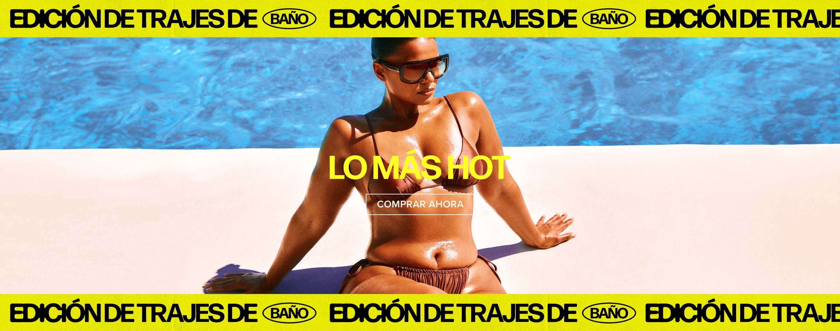 Mujer bronceada en bikini marrón y gafas junto a piscina, promocionando la edición de trajes de baño más hot. ¡Comprar ahora!