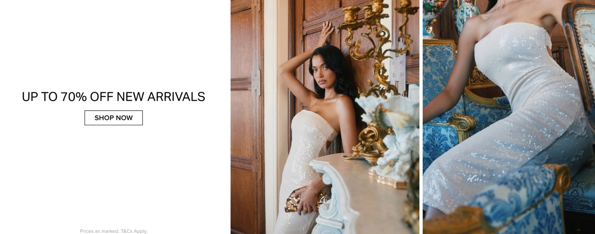 Woman modeling a stunning white sequin strapless evening dress in a luxurious mansion setting.