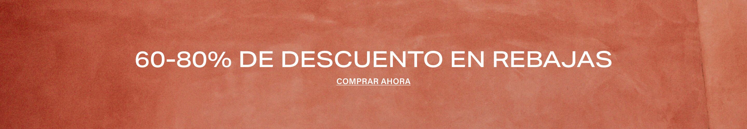 Banner naranja óxido con texto blanco anunciando un descuento del 60-80% en rebajas y un botón "COMPRAR AHORA".