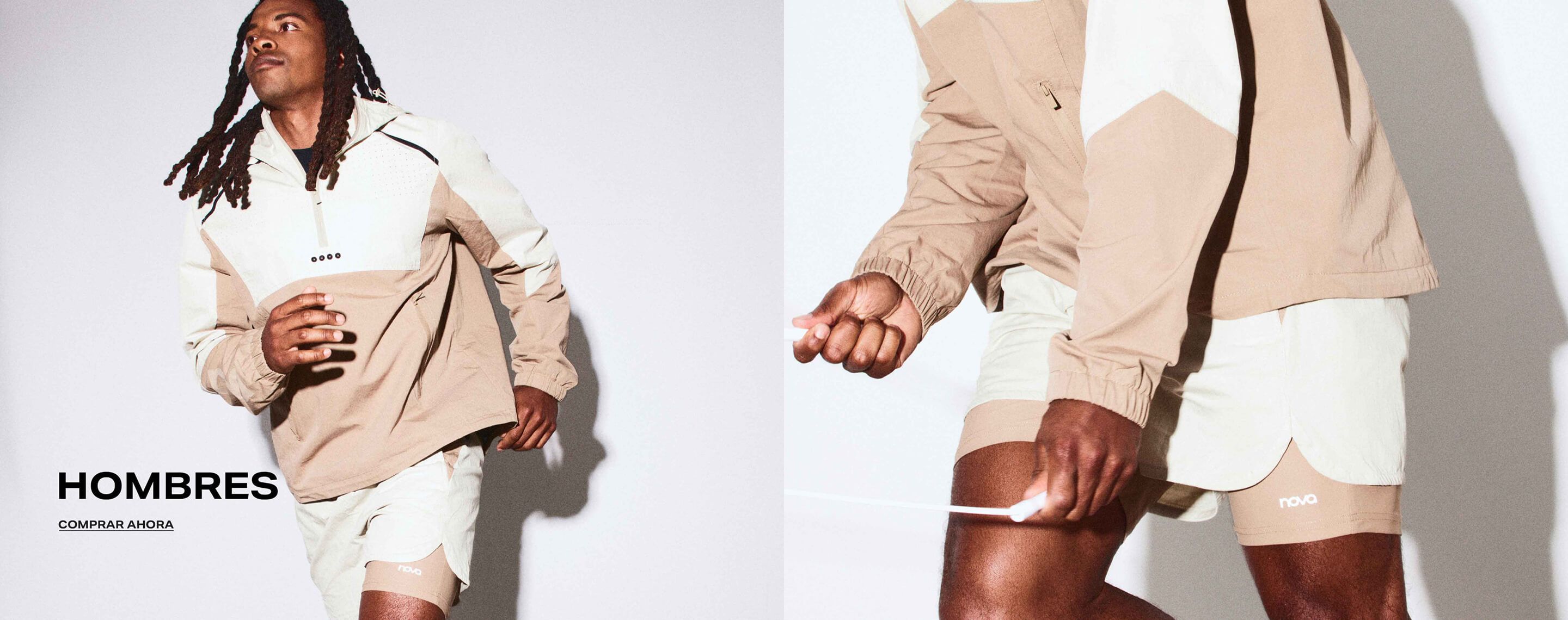 Hombre corriendo con chaqueta cortavientos beige y crema. Banner de categoría de ropa deportiva para hombre con textos MENS y SHOP NOW.