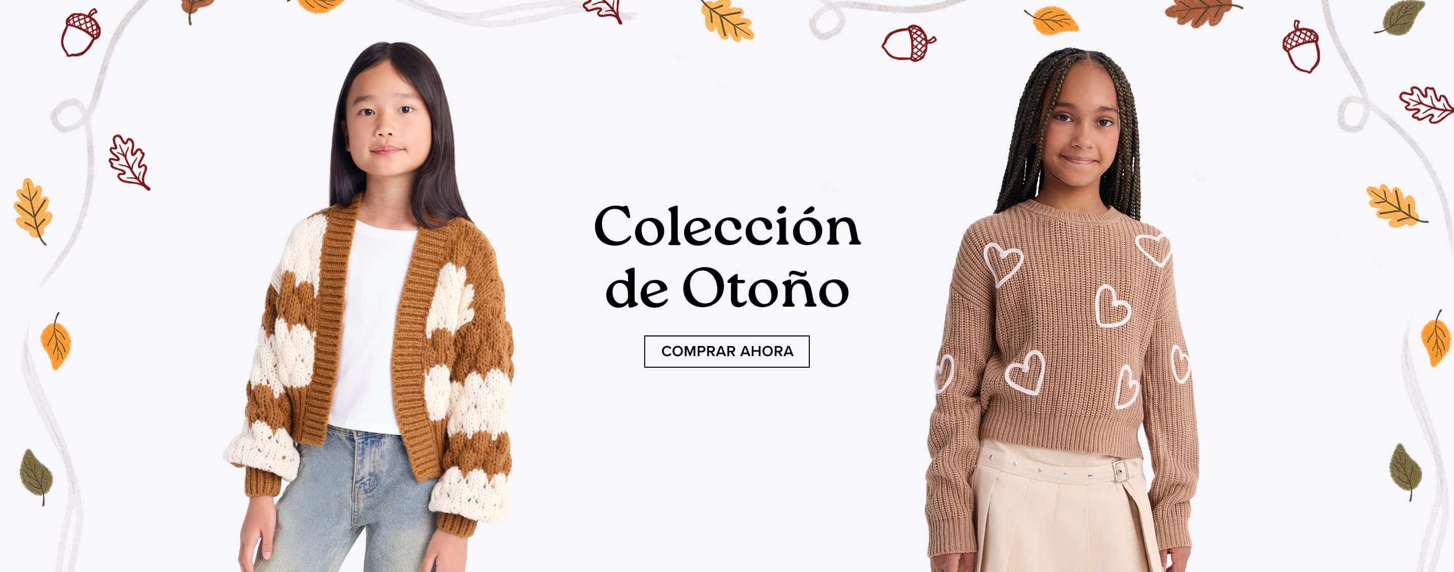 Dos niñas modelando suéteres de punto para un banner de la colección de moda de otoño infantil, con hojas y el botón Comprar Ahora.