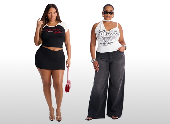Curvy women pose in trendy streetwear outfits featuring a graphic crop top with a mini skirt, and a white halter top with wide-leg jeans.