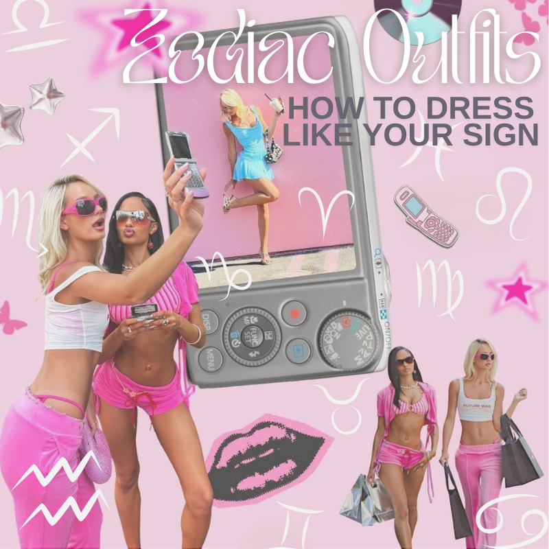 Pink Y2K fashion collage promoting a zodiac outfit style guide, showing women in pink aesthetic clothes with flip phones and astrology symbols.