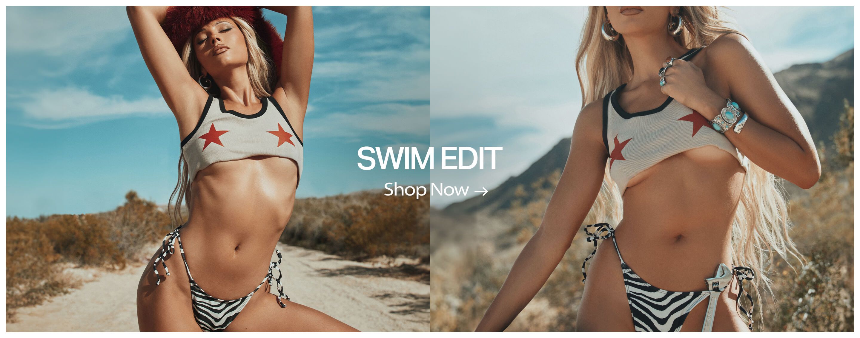 Blonde model in a cream star crop top and zebra bikini in a sunny desert, promoting the new Swim Edit. Shop summer swimwear now!