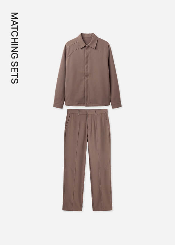 Brown matching set featuring a minimalist collared jacket and tailored trousers, promoting the new men's coordinated outfits category.