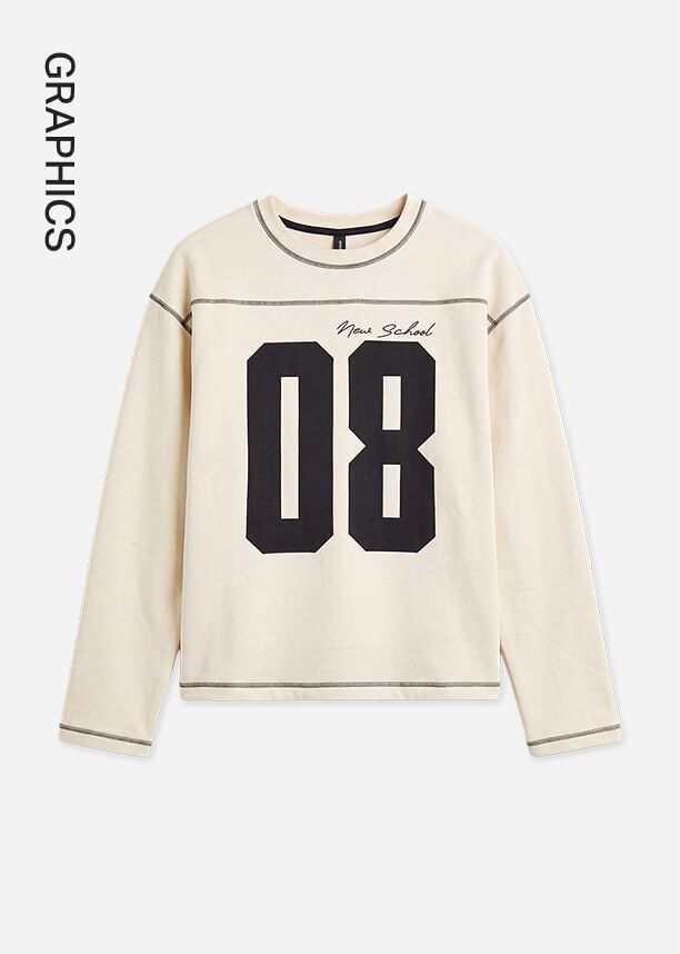 Cream long-sleeve t-shirt with bold black "08" graphic and "New School" text. Part of our new printed t-shirts collection.