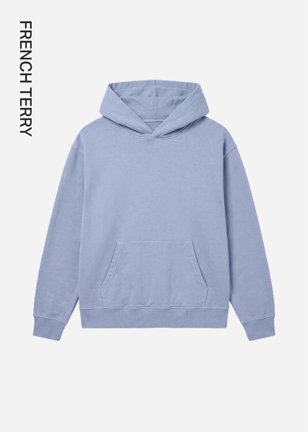 Light blue French terry hoodie with a front pocket on a white background, promoting the new comfortable casual wear collection.