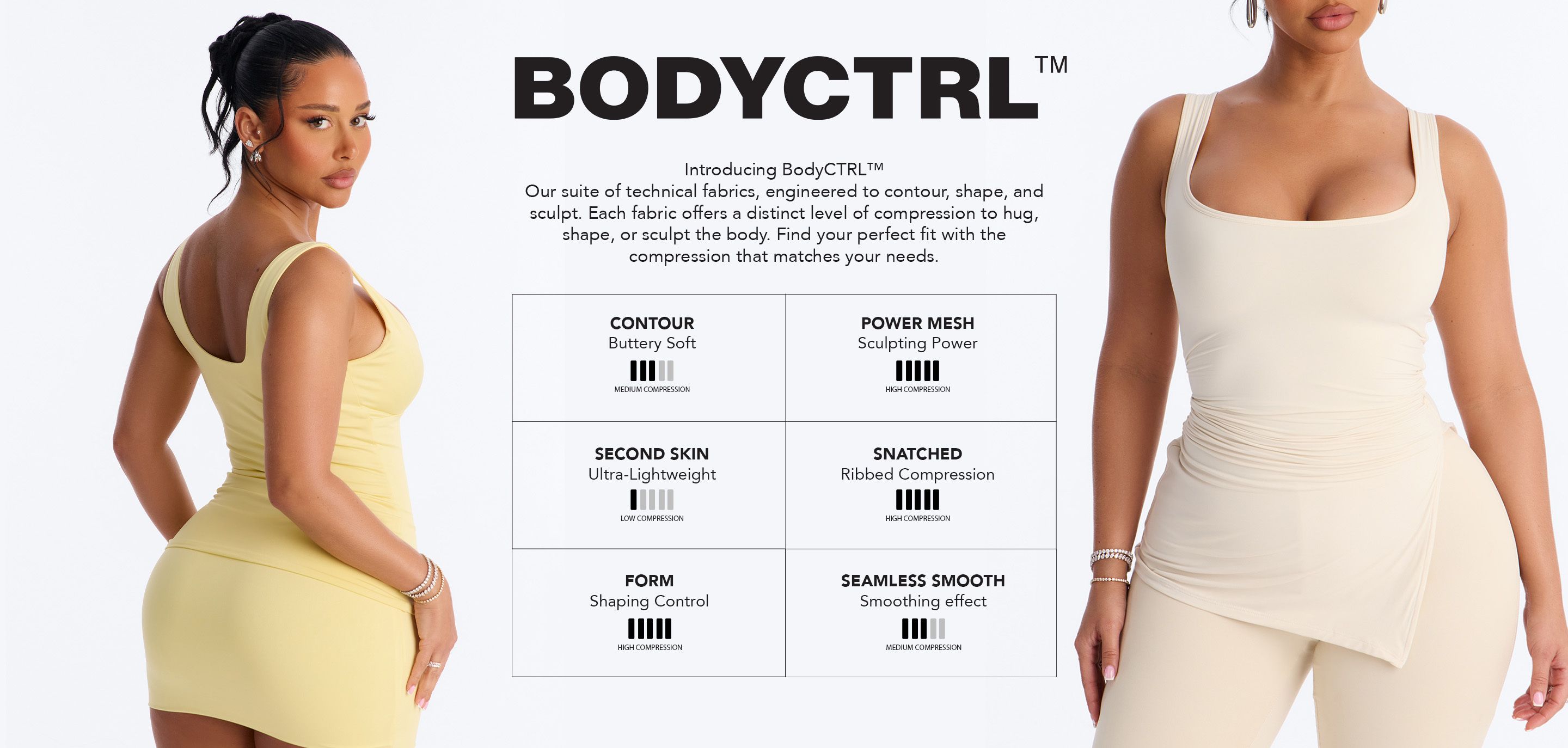 Telas técnicas BodyCTRL™. Dos mujeres modelan ropa de compresión amarilla y beige, mostrando opciones para contornear, dar forma y esculpir.