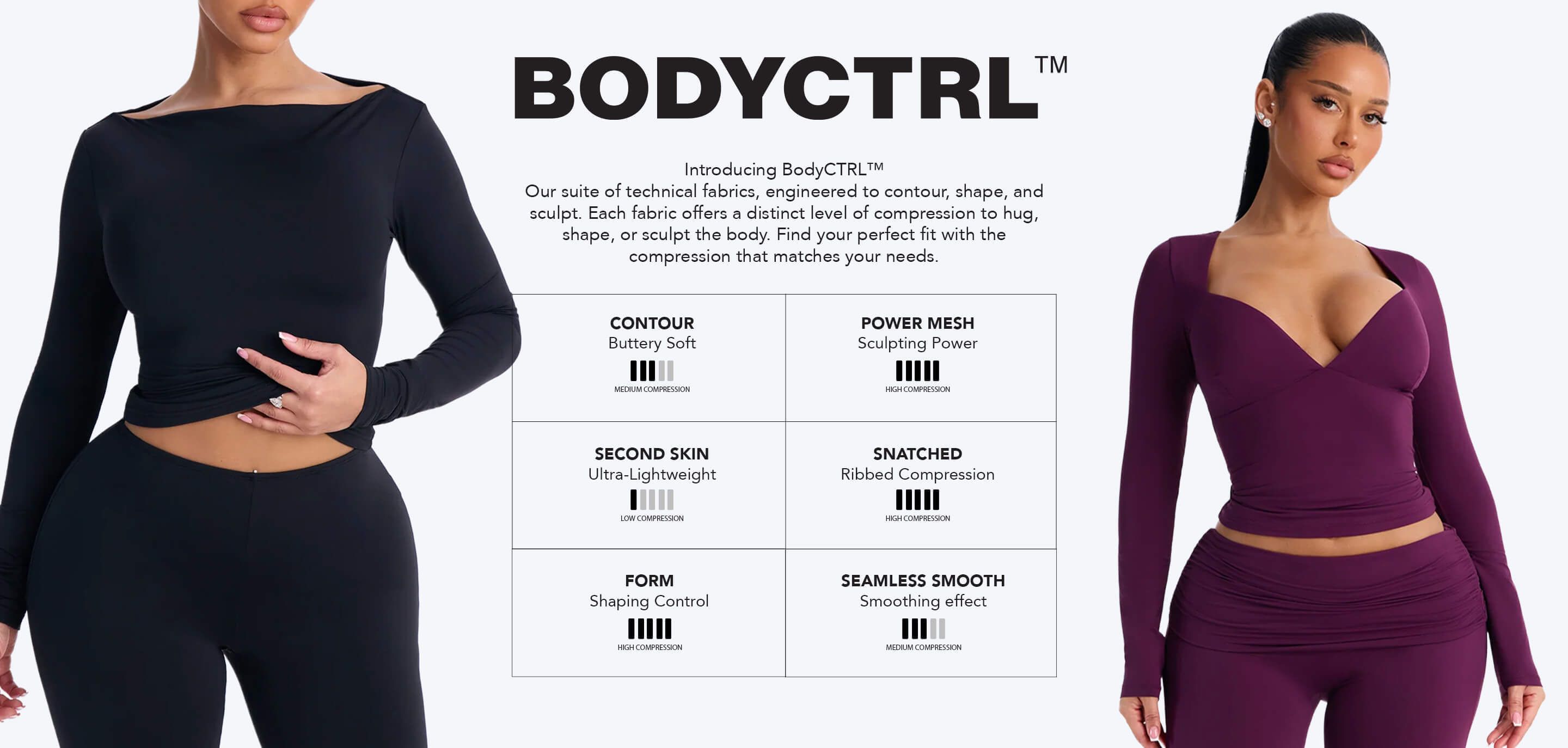 Women wearing black and plum BodyCTRL sculpting tops and leggings, highlighting the new technical fabric shapewear compression guide.