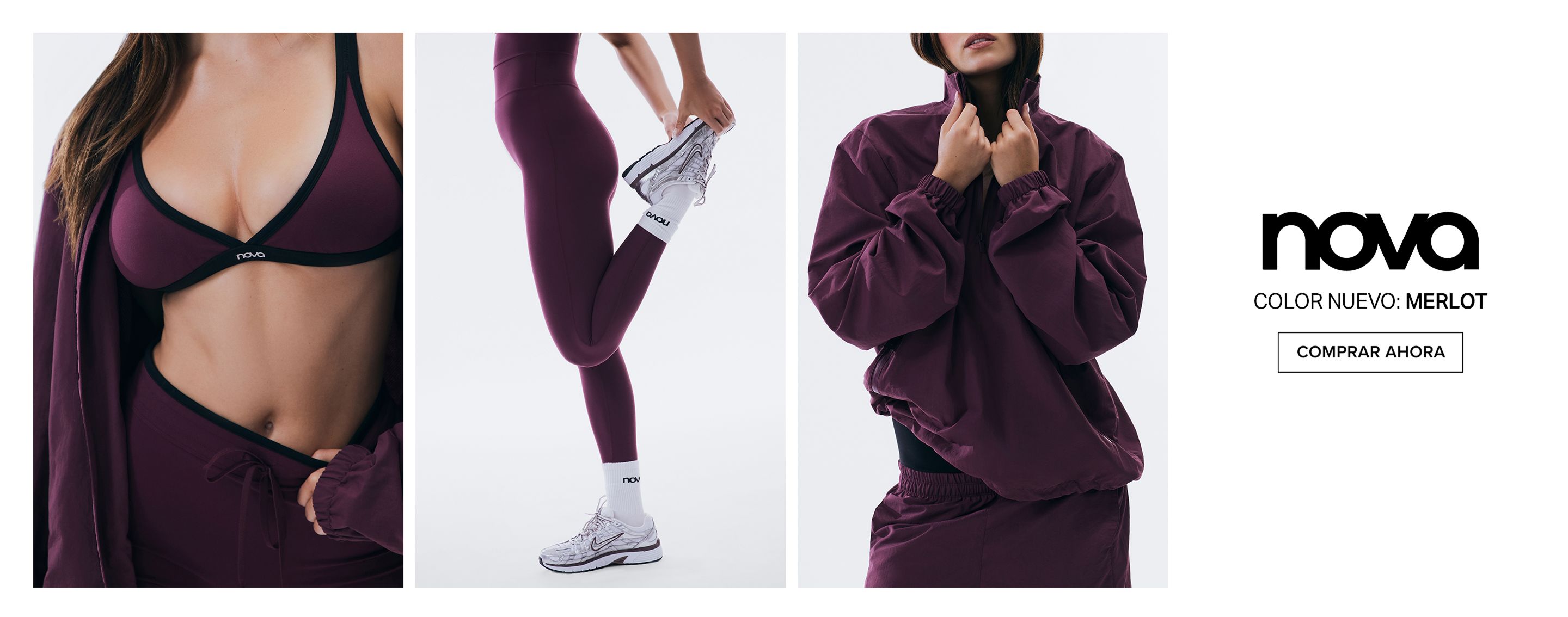 Nueva colección de activewear Nova color merlot: sujetador deportivo, leggings y chaqueta. Ropa deportiva de alto rendimiento.