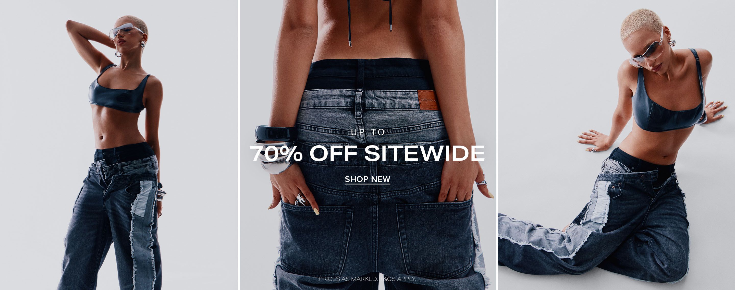 Trendy model in a blue crop top and oversized distressed jeans promoting a 70% off sitewide sale on the new streetwear fashion collection.