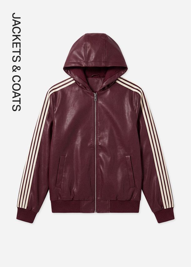 Burgundy hooded faux leather jacket with athletic cream sleeve stripes, featured in the Jackets and Coats shopping category menu.