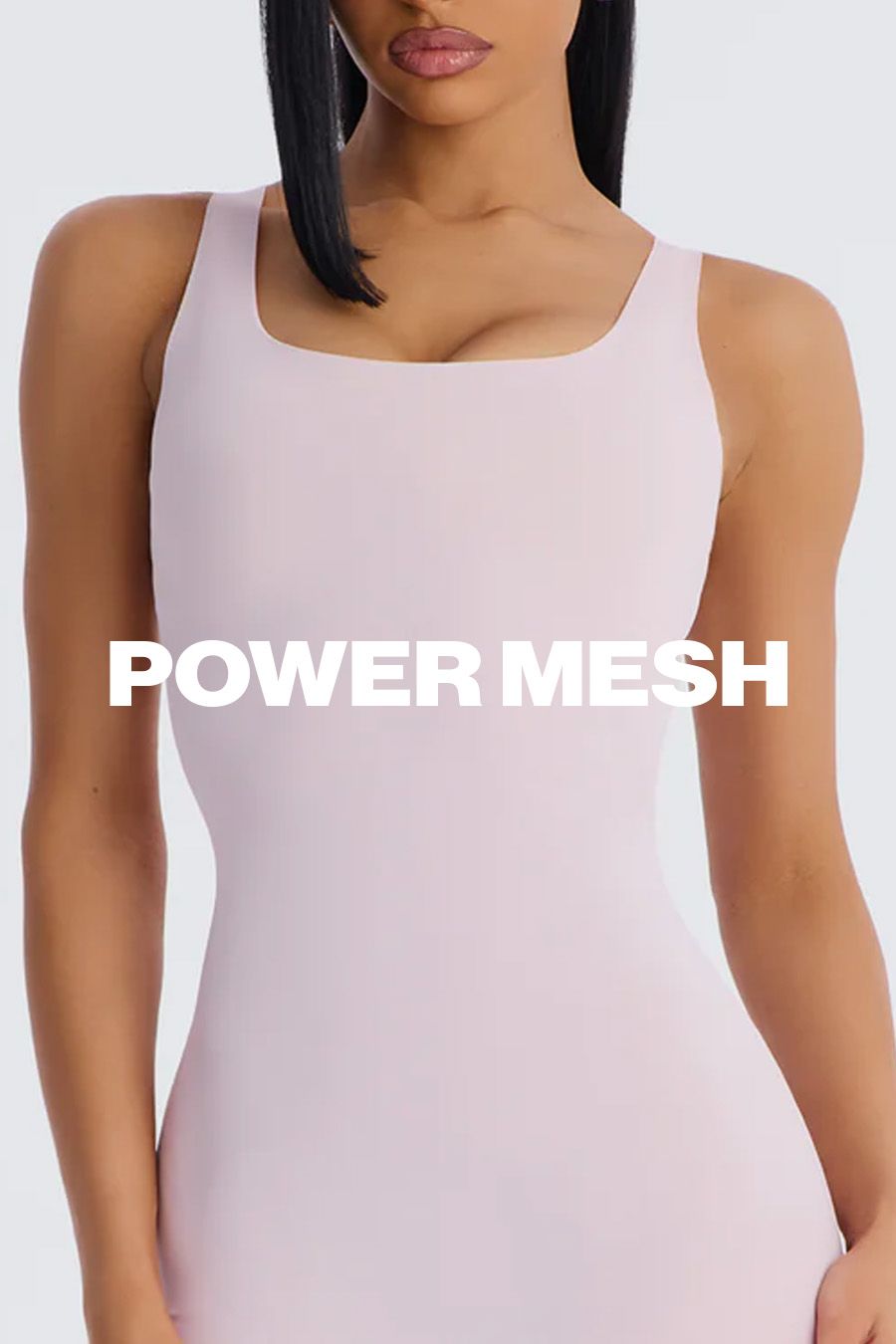 Woman wearing a light pink, form-fitting square-neck Power Mesh top. Showcasing new activewear for comfort and style.
