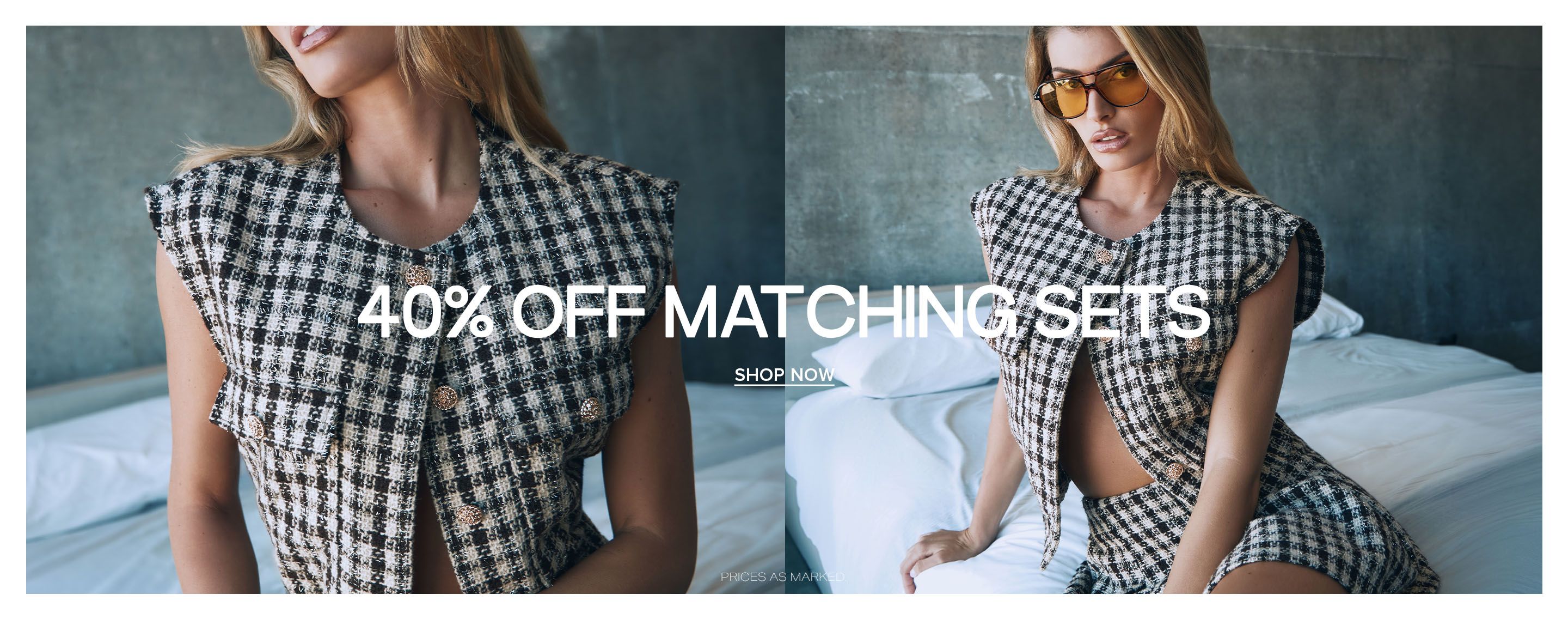 Woman wearing a plaid vest and skirt matching set with yellow sunglasses on a bed, promoting a 40% off matching sets fashion sale.