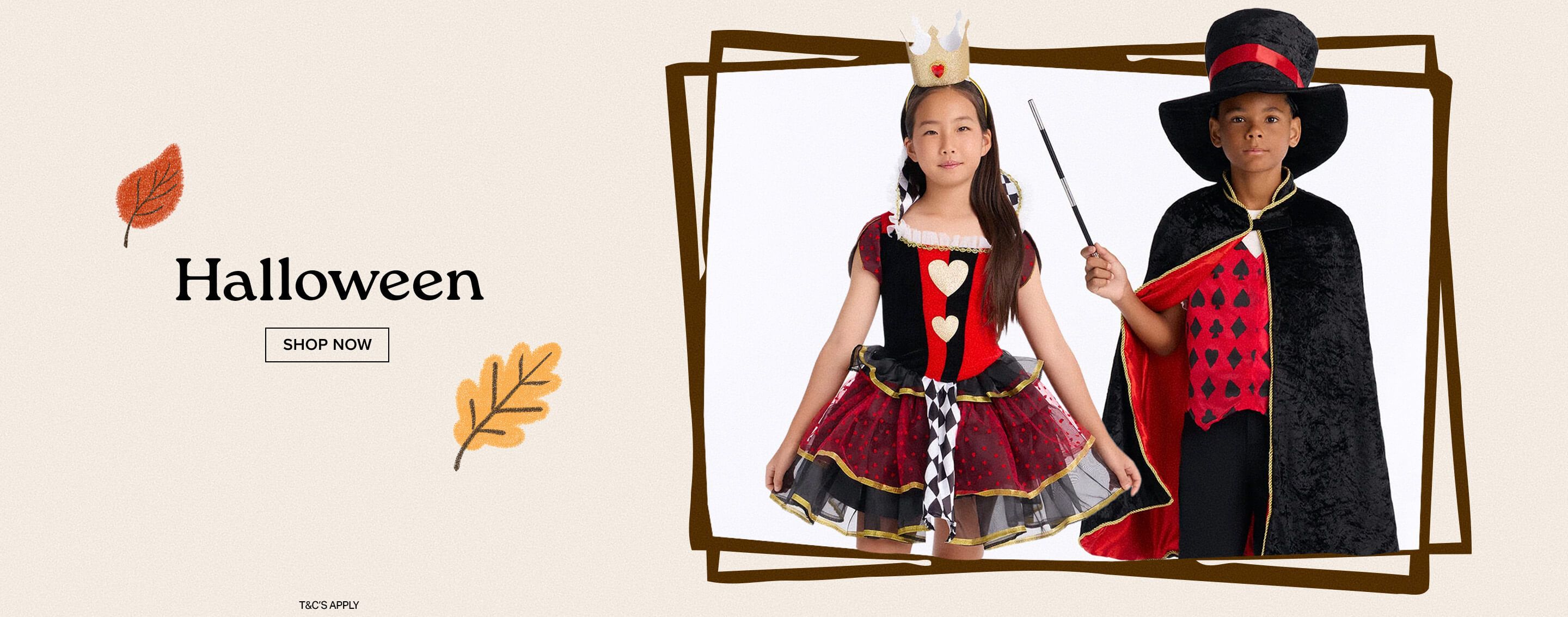 Shop kids magician Halloween costumes like this black and red cape, top hat, and wand outfit. Click to browse our new collection.