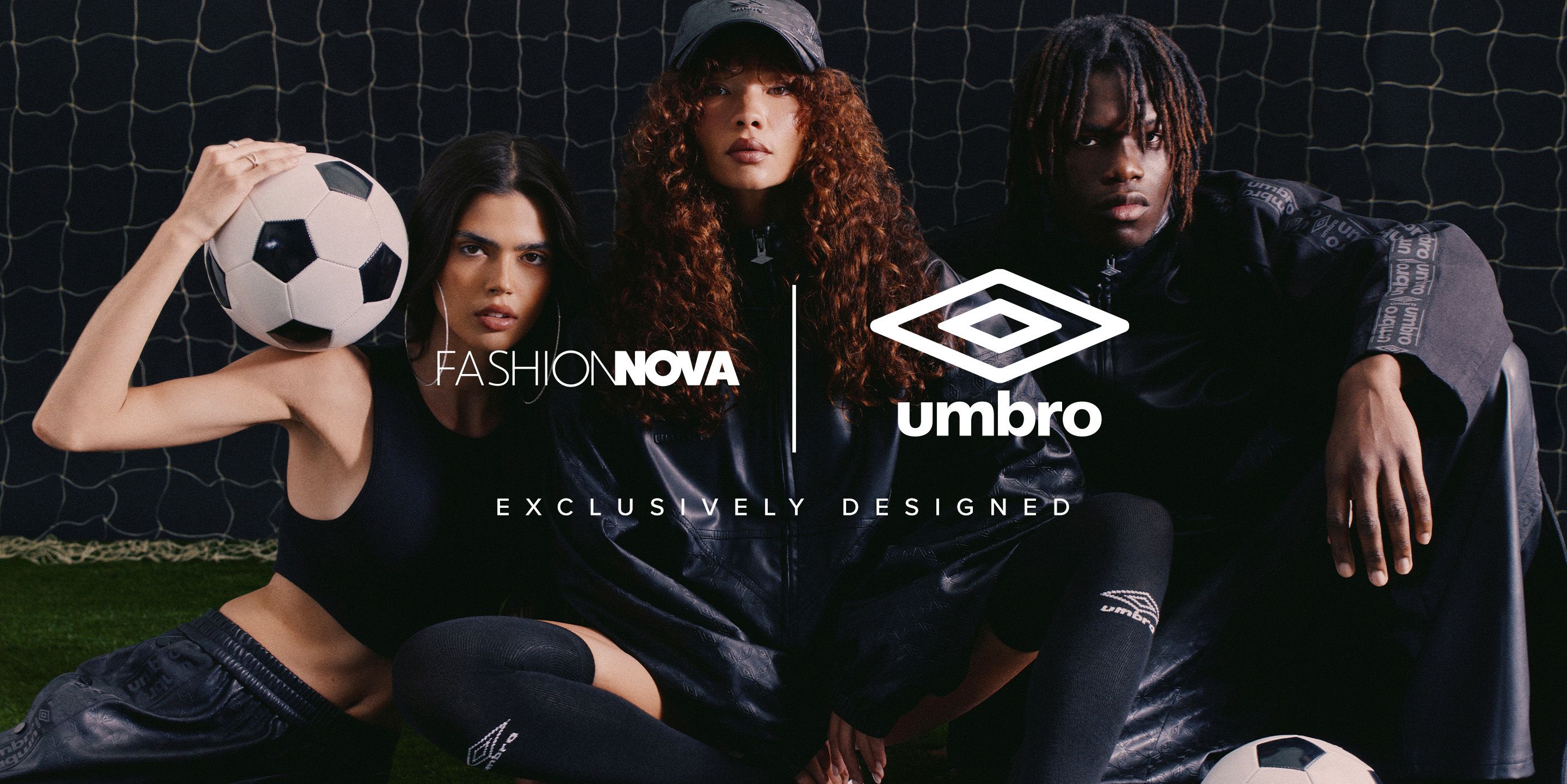 Three models in black Fashion Nova x Umbro exclusive sportswear on grass with soccer balls. New collaborative activewear collection.