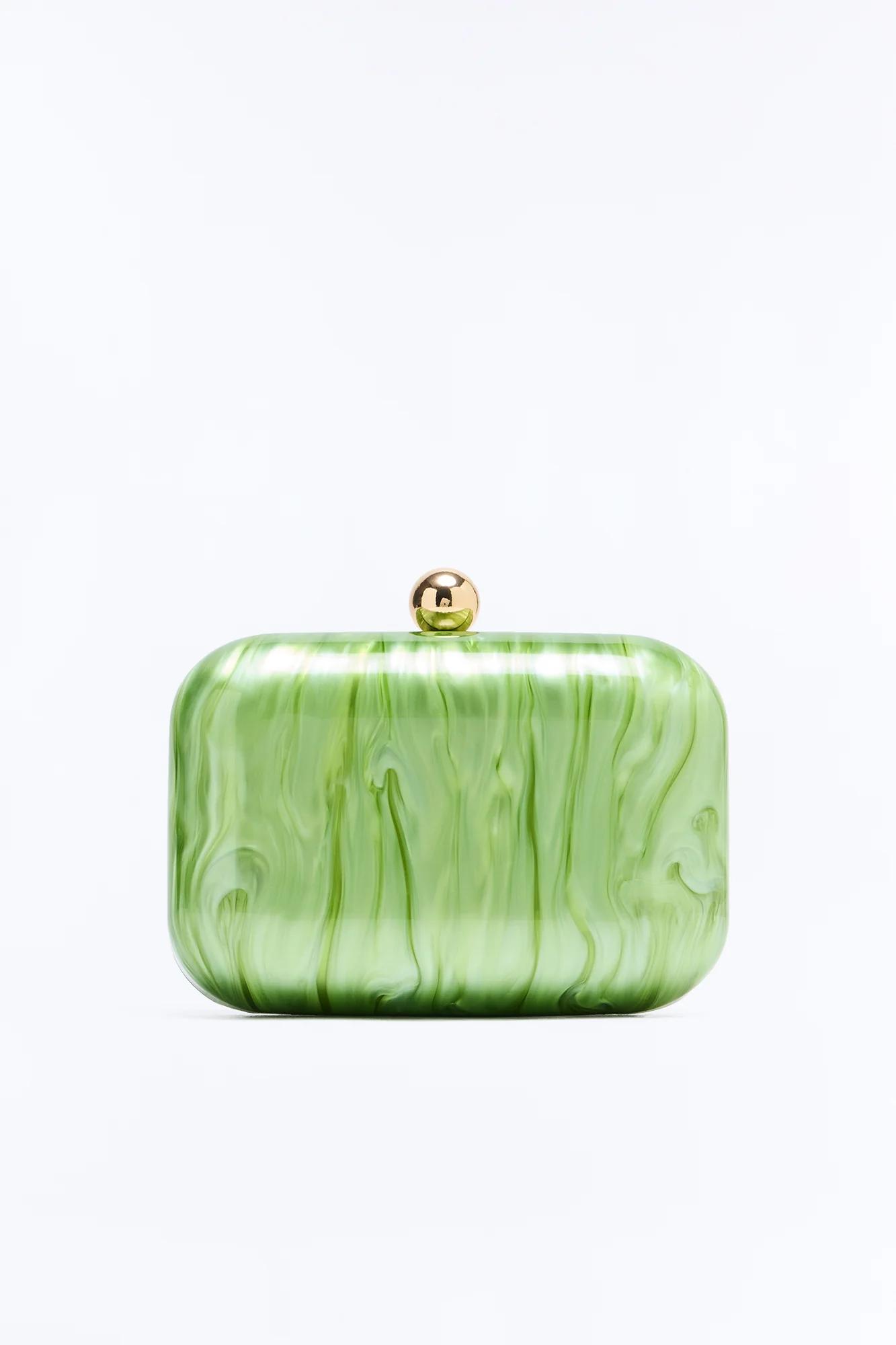 Marbled green rectangular clutch bag with rounded corners and a gold clasp, a stylish fashion accessory.