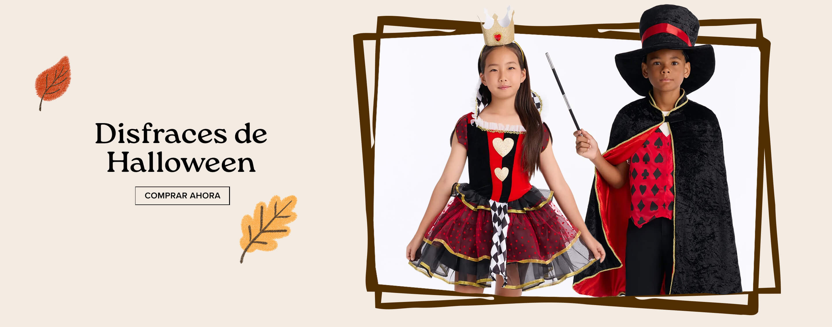 Compra disfraces de mago para niños con este niño con sombrero de copa negro, capa y chaleco rojo sosteniendo una varita en banner de Halloween.