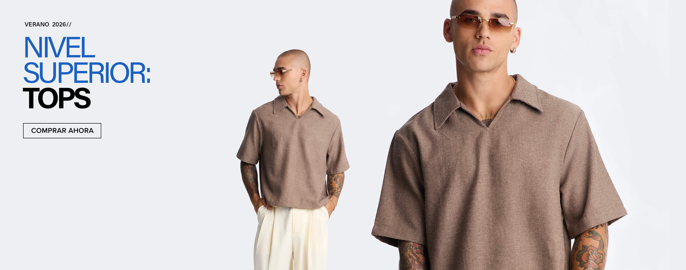 Hombre con estilo en polo marrón y pantalones crema, modelando los nuevos tops de hombre Verano 2026. ¡Compra moda casual ahora!