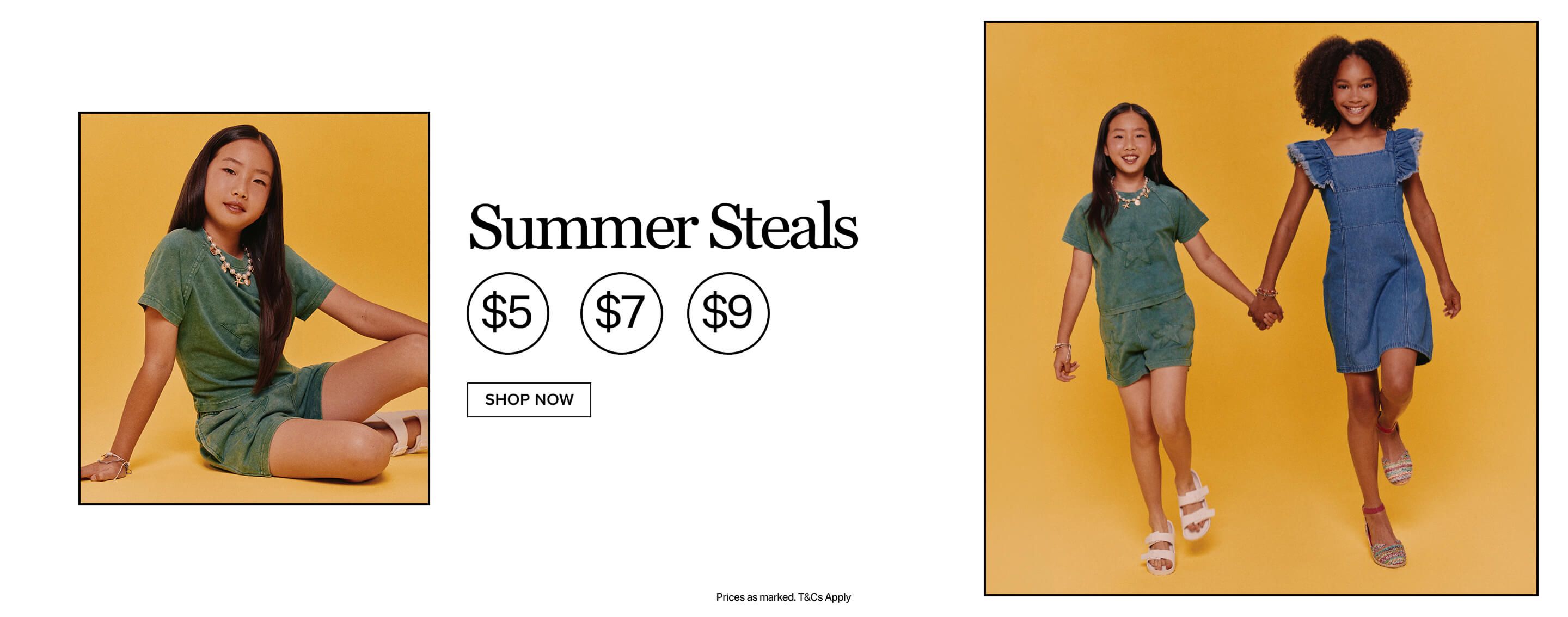 Two smiling girls model summer clothing: one in a green shorts set, one in a denim dress. Promoting Summer Steals for kids at $5, $7, $9.