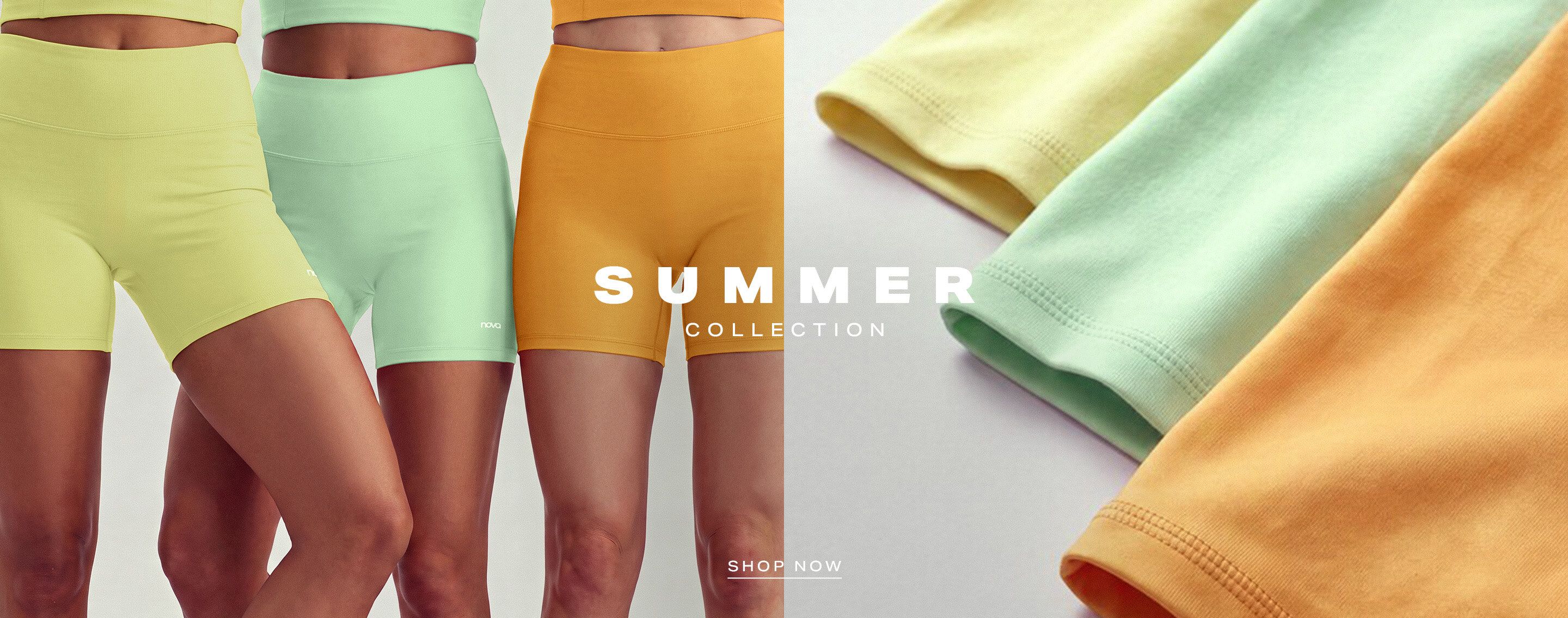Vibrant yellow, mint, and orange biker shorts from the new Summer Collection activewear, promoting stylish comfort. Shop now.