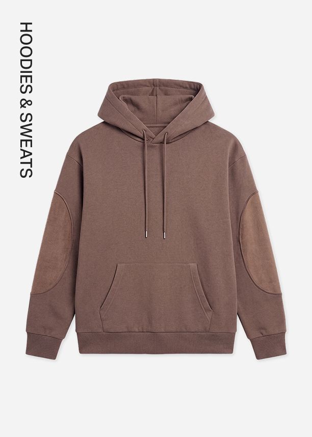 Brown pullover hoodie with elbow patches, showcasing the comfortable hoodies and sweats category for a modern, casual apparel brand.