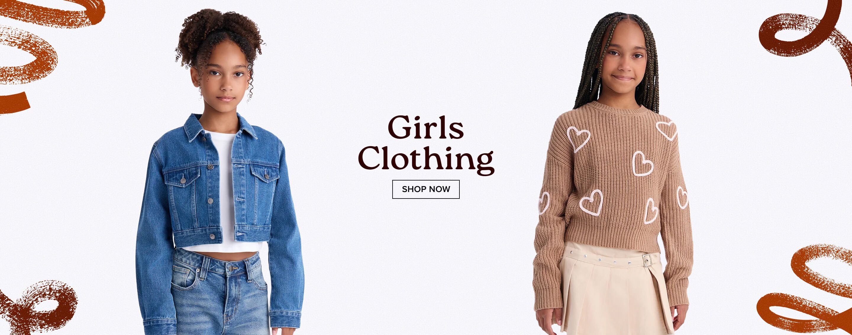 Young girl in a brown heart-pattern knit sweater and beige skirt. Text reads "Girls Clothing Shop Now" to promote the collection banner.
