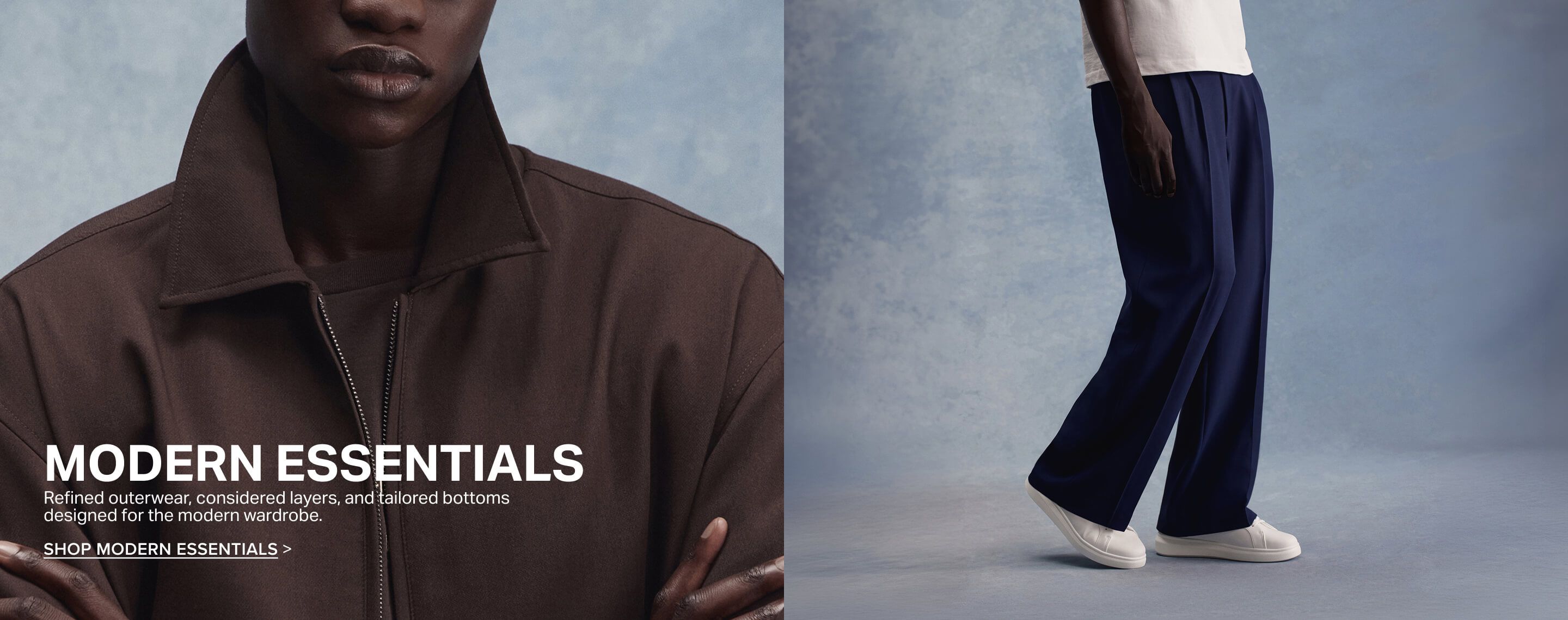 Model in navy blue wide-leg tailored trousers and white sneakers, promoting the Modern Essentials minimalist fashion collection.