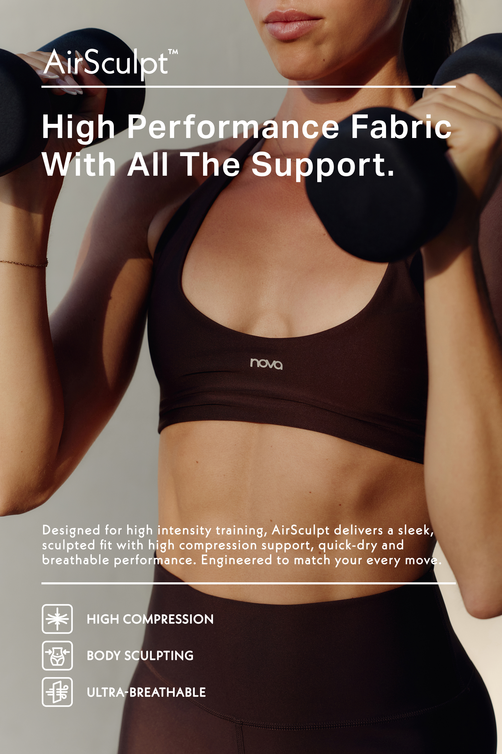 Woman wearing a brown AirSculpt compression sports bra lifts dumbbells, promoting high-performance, sculpted activewear for training.