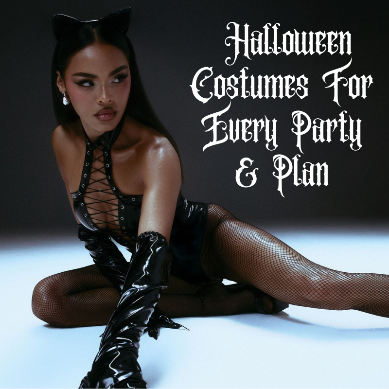 Woman wearing a black cat Halloween costume with cat ears, fishnet tights, and gloves for a Halloween costume ideas guide.