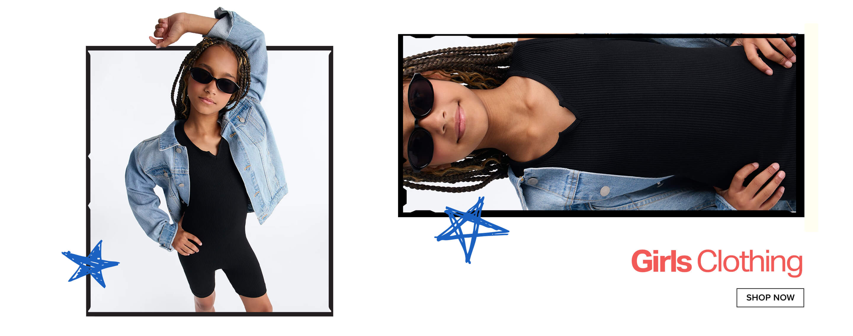 Confident girl in black ribbed romper, light blue denim jacket, and sunglasses, showcasing trendy girl's fashion. Shop kids' clothing.