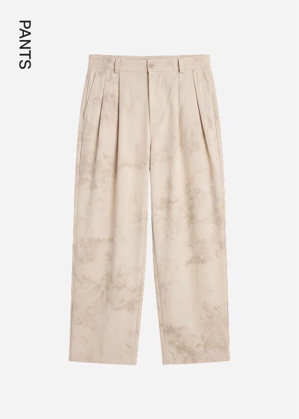 Wide-leg beige pleated trousers with a subtle grey tie-dye pattern, showcasing stylish casual wear for a seasonal fashion catalog.