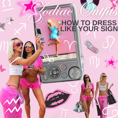 Pink Y2K fashion collage promoting a zodiac outfit style guide, showing women in pink aesthetic clothes with flip phones and astrology symbols.