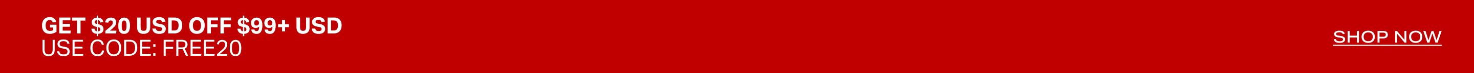 Red banner offering $20 off orders of $99 or more using promo code FREE20. White text on black with a Shop Now link to claim the discount.