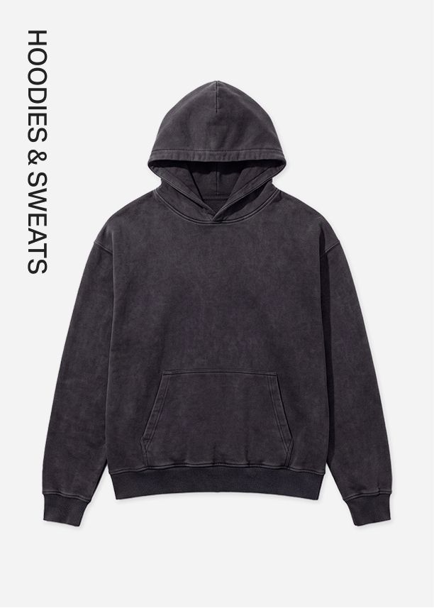 Dark gray, acid-wash hoodie with front pocket on a white background, highlighting the latest Hoodies & Sweats apparel collection.