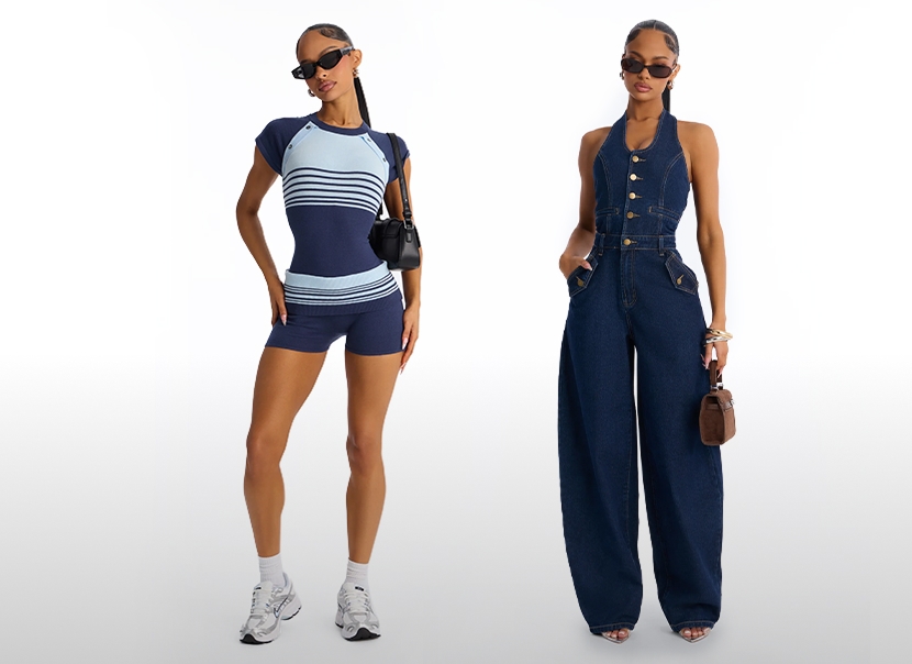 Mujer elegante con top bustier crop de rayas azul claro y minifalda abullonada, presentando un conjunto veraniego chic.