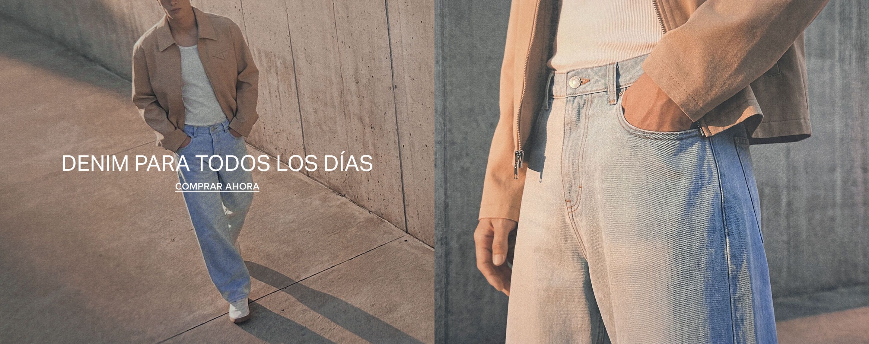 Vaqueros celestes de tiro alto con chaqueta de gamuza marrón claro, promocionando la colección Everyday Denim con botón de comprar ahora.