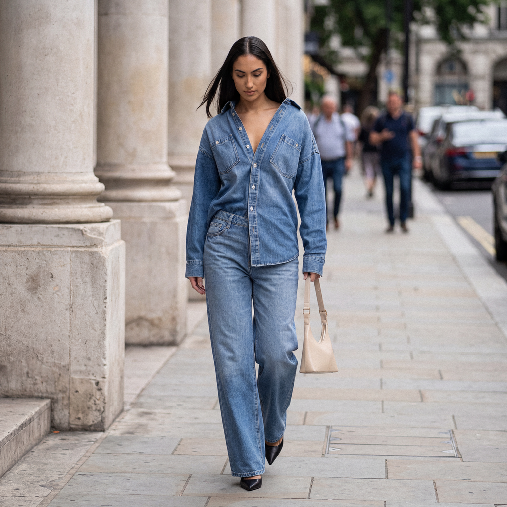 Woman in a light blue denim outfit: oversized shirt and wide-leg jeans, holding a beige handbag. Showcasing chic, versatile denim style.