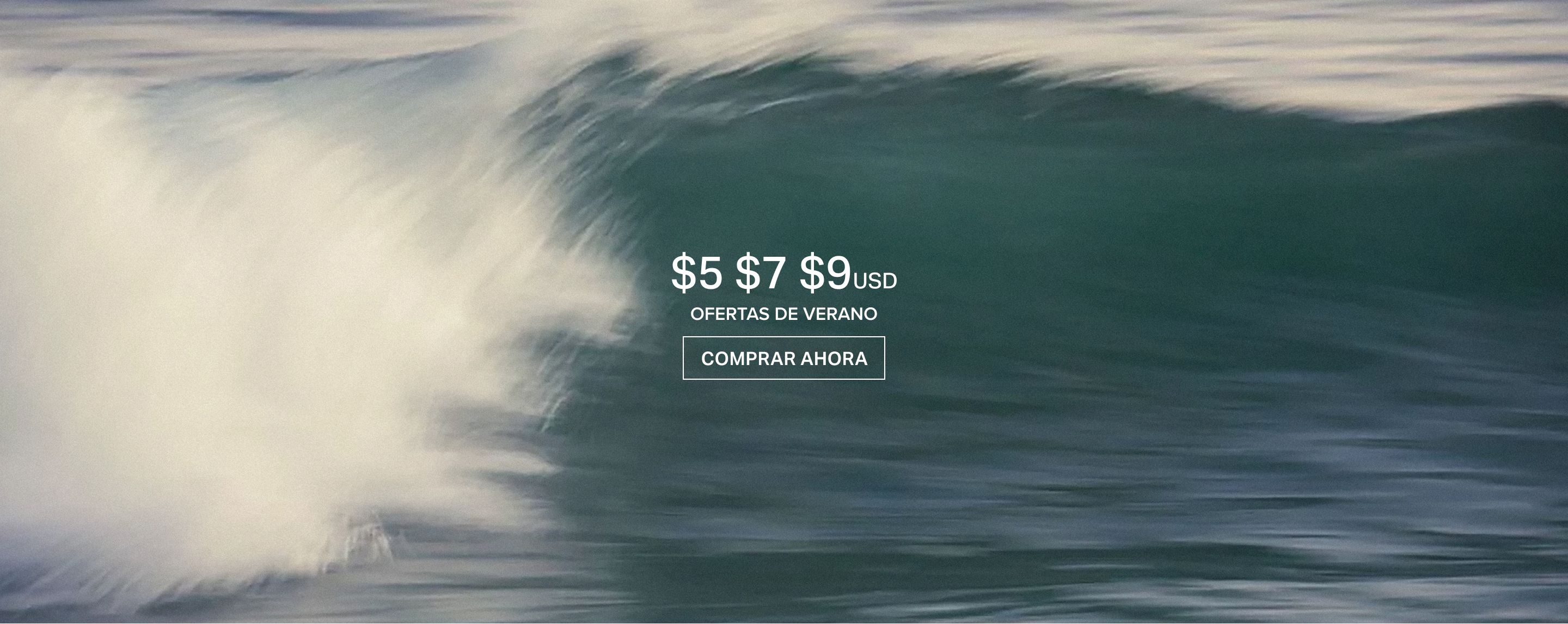 Dinámica ola marina turquesa oscura. Banner de ofertas de verano: "$5 $7 $9 USD. Comprar Ahora." para descuentos exclusivos.
