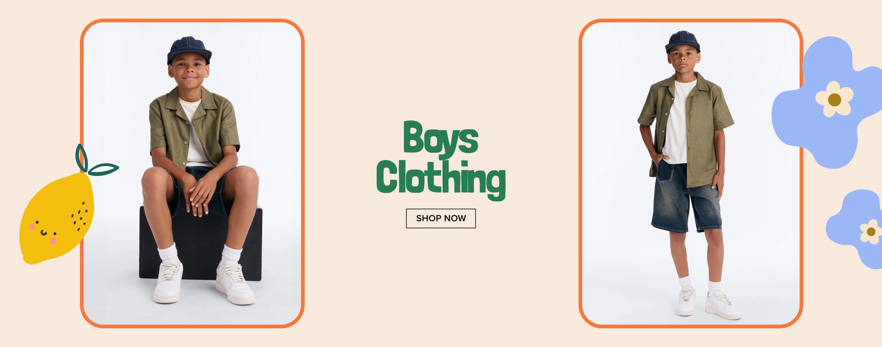 Smiling boy in olive shirt, white tee, denim shorts, blue cap, white sneakers models stylish boys clothing. Two poses, shop now!